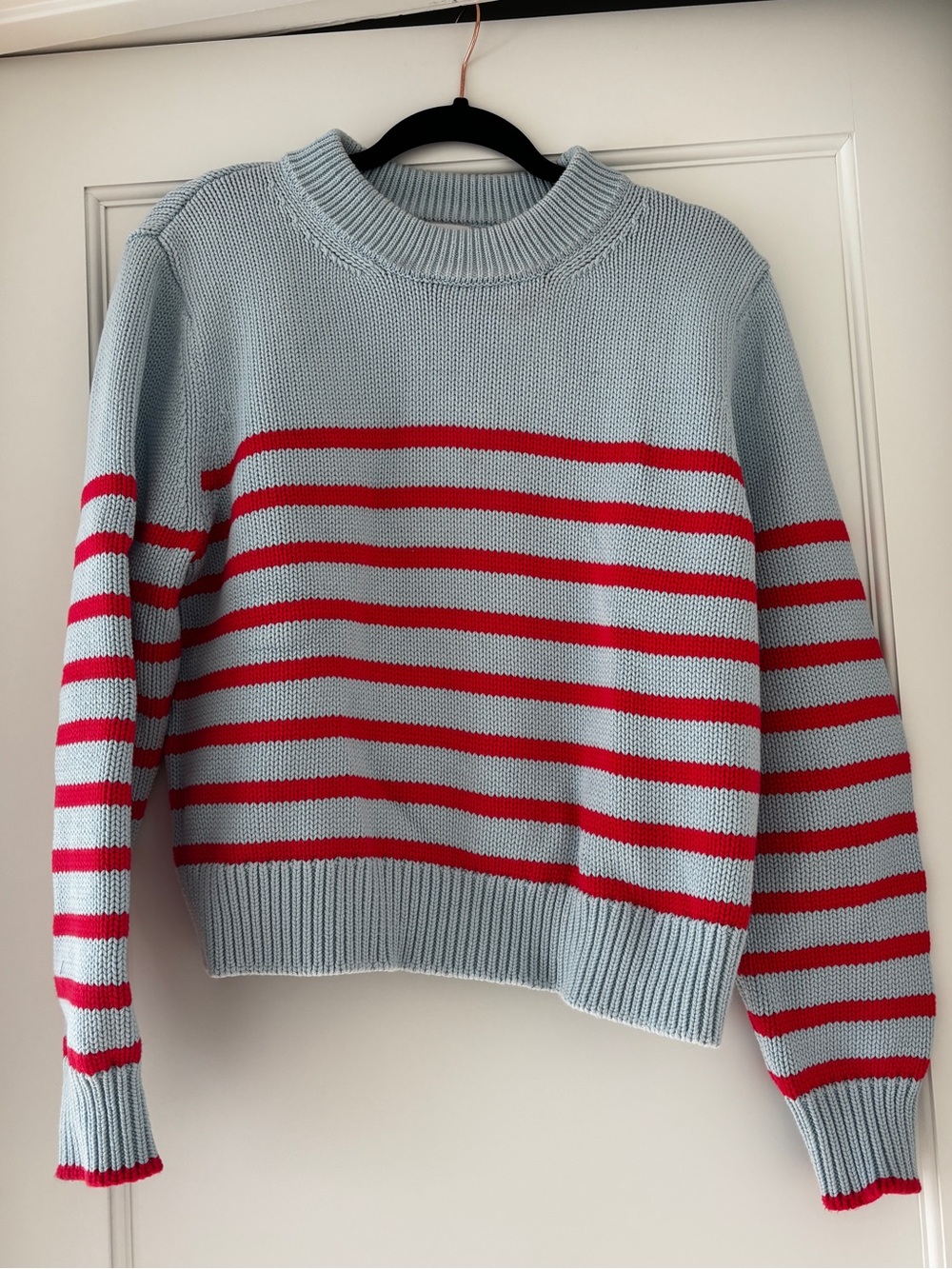 Tutto Knit Light Blue and Raspberry Striped Crewneck Sweater size L worn once